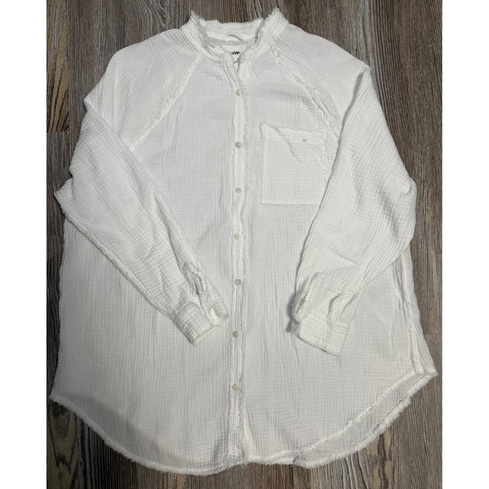 Aerie White Gauze Cotton Button Down Shirt Raw Edge Frayed Boho Small